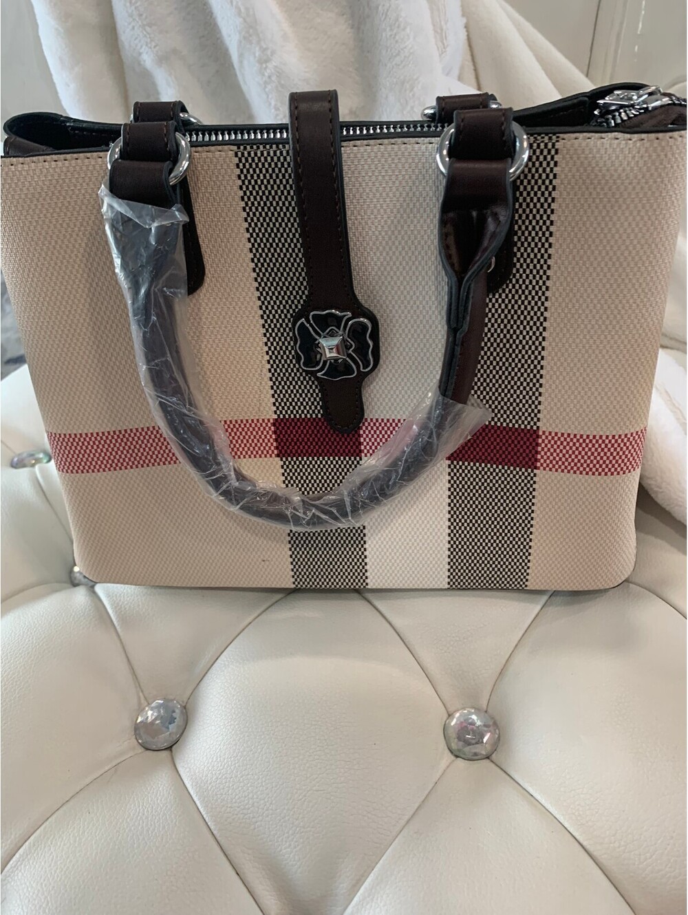 Beige and Brown Plaid Satchel with Matching Wallet